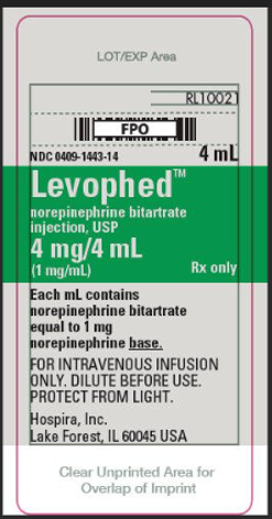 Étiquette d’une poche de Levophed 4 mg/4 mL, soit 1 mg/mL